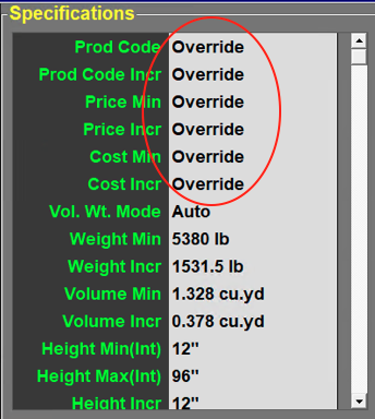 Incremental Override Tool Inventory Browser- showing Specifications panel WITH MARKUP