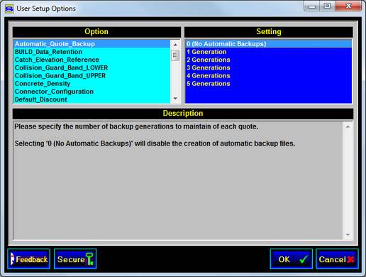 User Setup Options screen